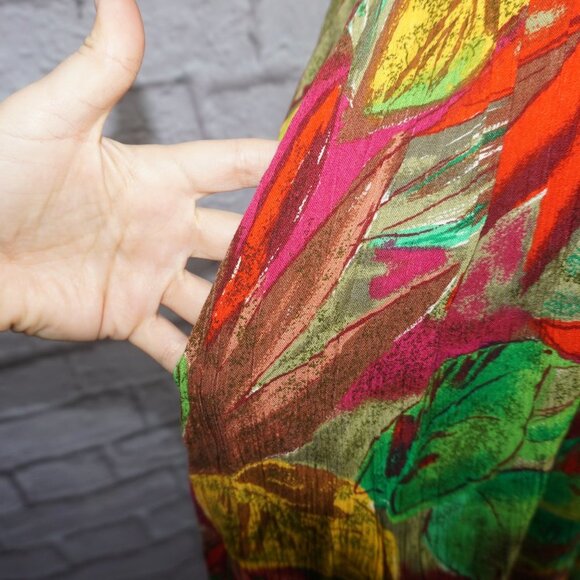 Vintage 80s Leaf Button Down Belted Midi Dress Medium - Picture 3 of 12